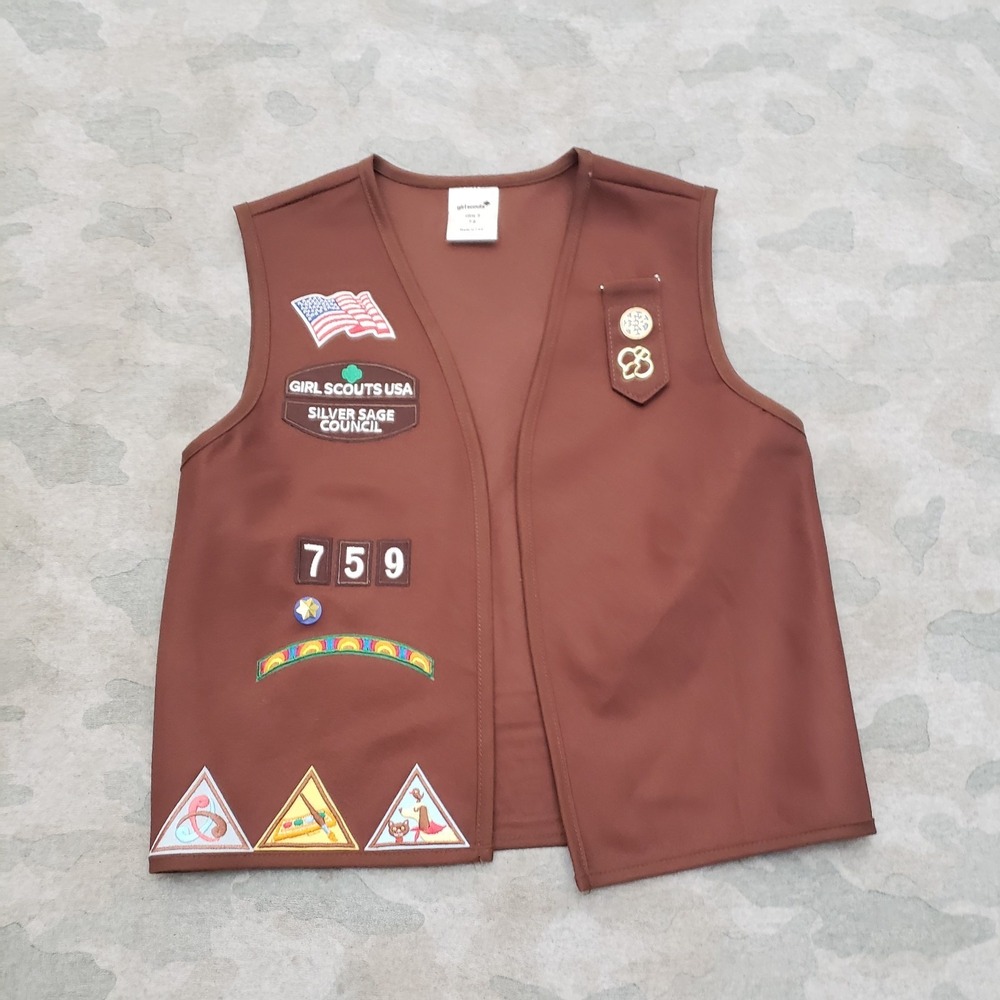 Girl Scout Silver Badge Council Vest Youth Small Brown Open Front Made In USA